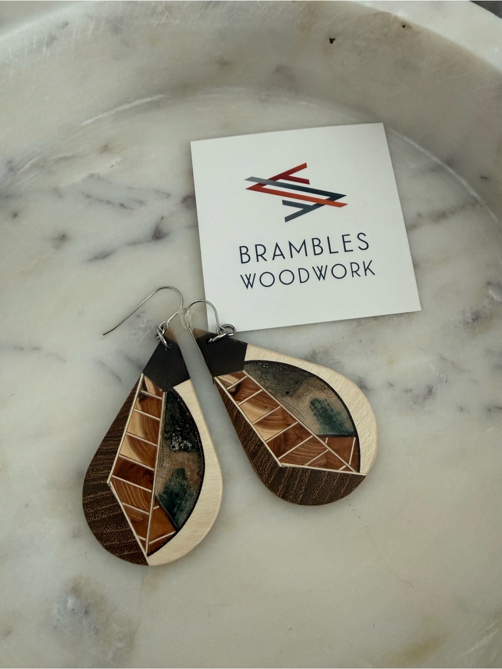 Brambles Woodwork Handmade Wood Inlay Teardrop Earrings Yew Wenge Teak